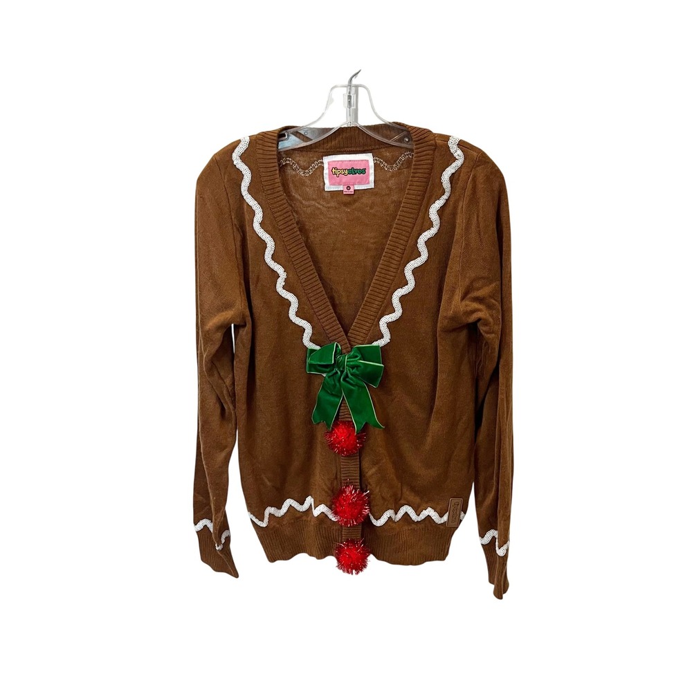 Tipsy Elves Gingerbread Man Cardigan Ugly Christmas Sweater Brown Womens Medium